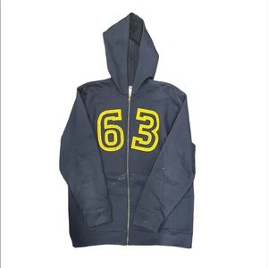 navy blue yellow lettered 63 zip up